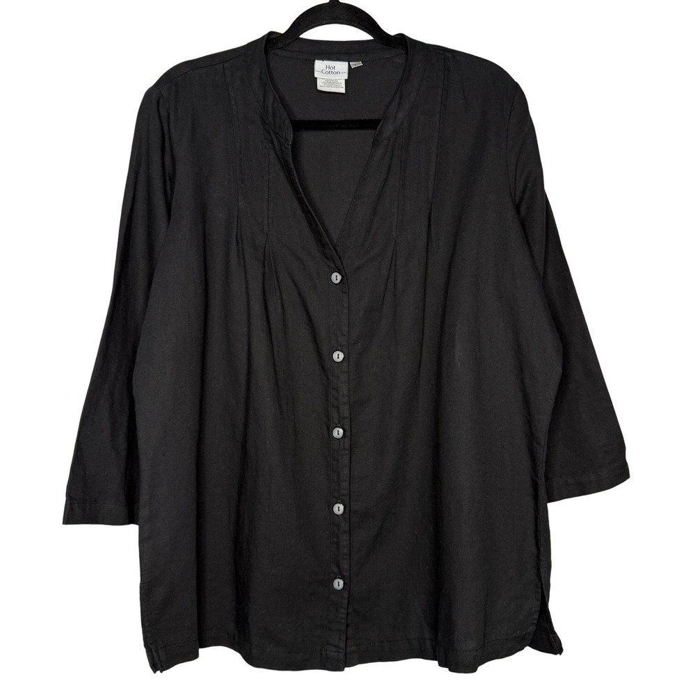 Hot Cotton Large Linen Cotton Tunic Top Black Lagenlook Button Front Made In USA